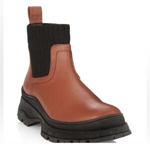 new Staud Bow Lug-Sole Rib-Knit Sock Ankle Leather Boots